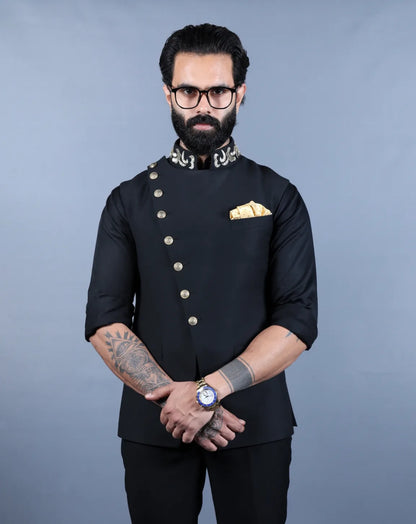 Black Asymmetric Nehru Jacket
