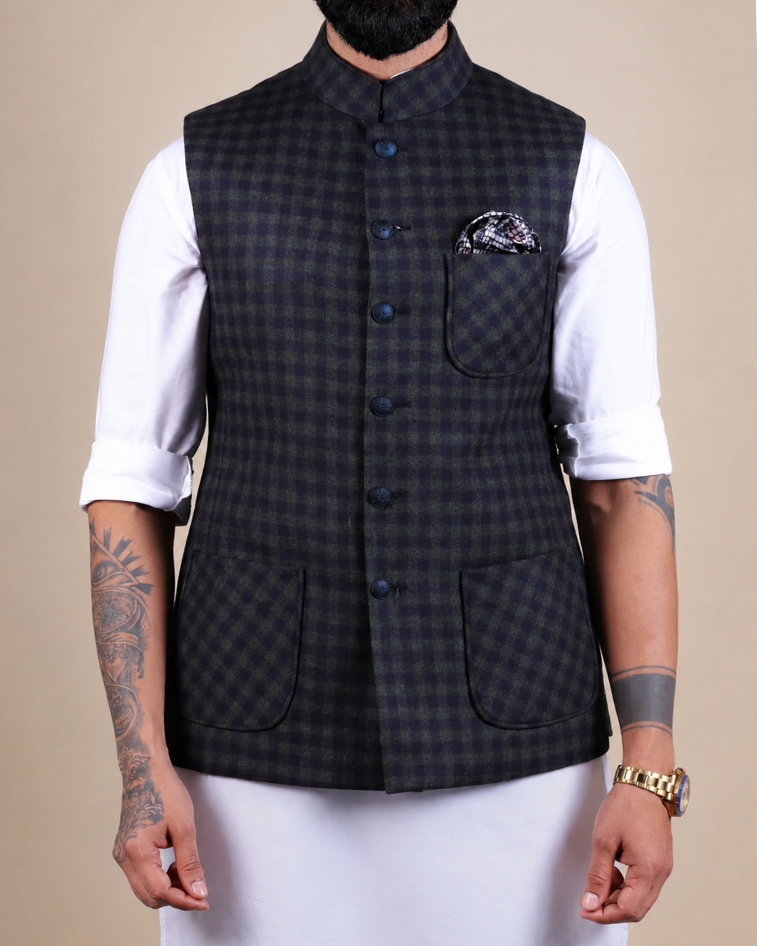 Navy & Green Checkered Nehru Jacket