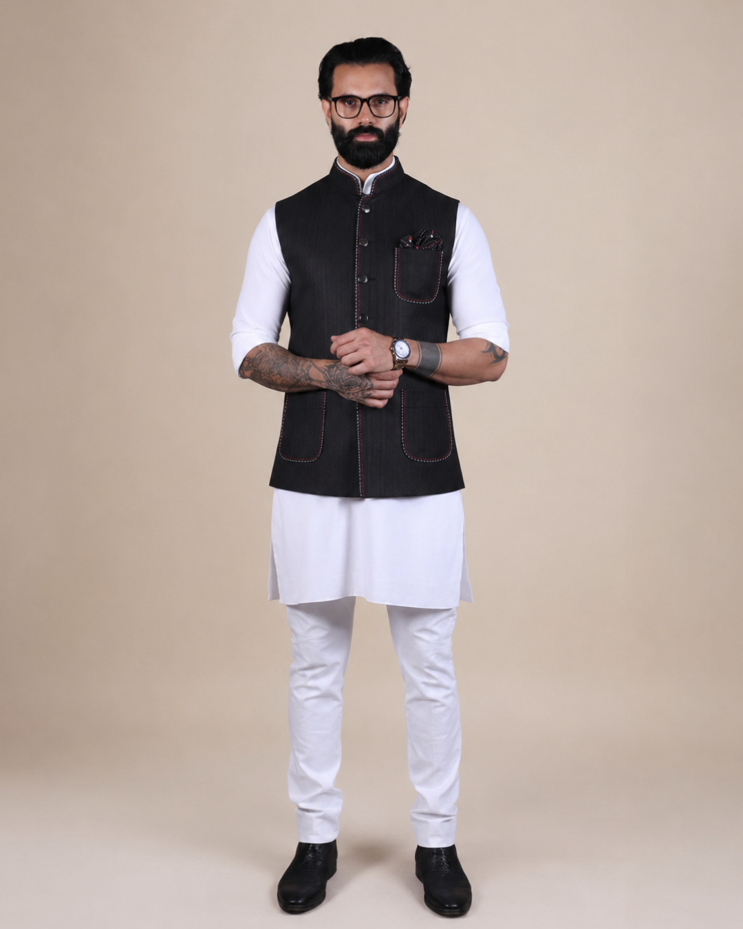 Black Nehru Jacket with Contrast Stitch