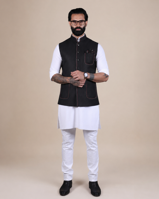 Black Nehru Jacket with Contrast Stitch