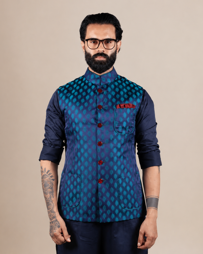 Royal Blue Woven Jacquard Nehru Jacket