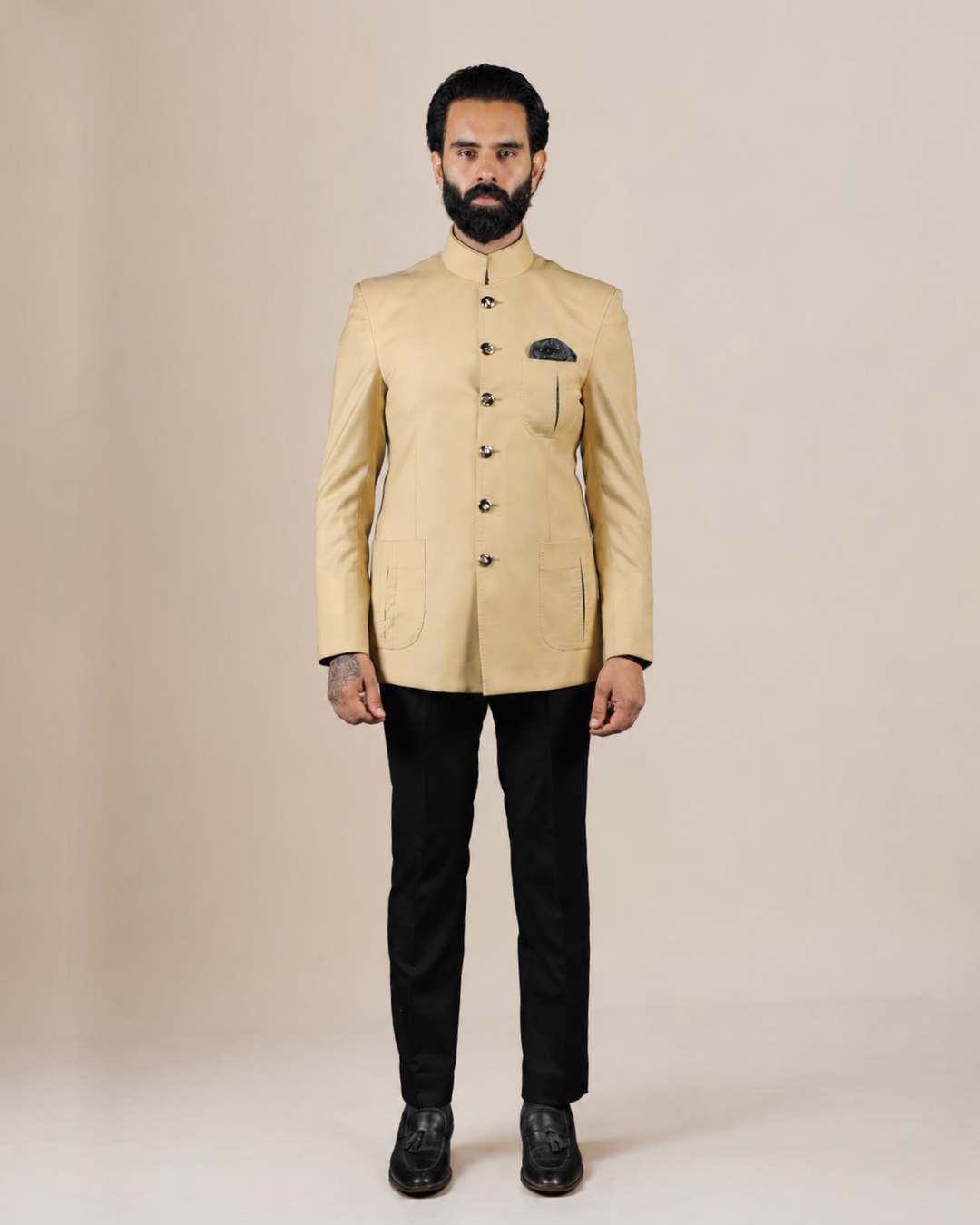 Beige Terry Wool Bandhgala Set