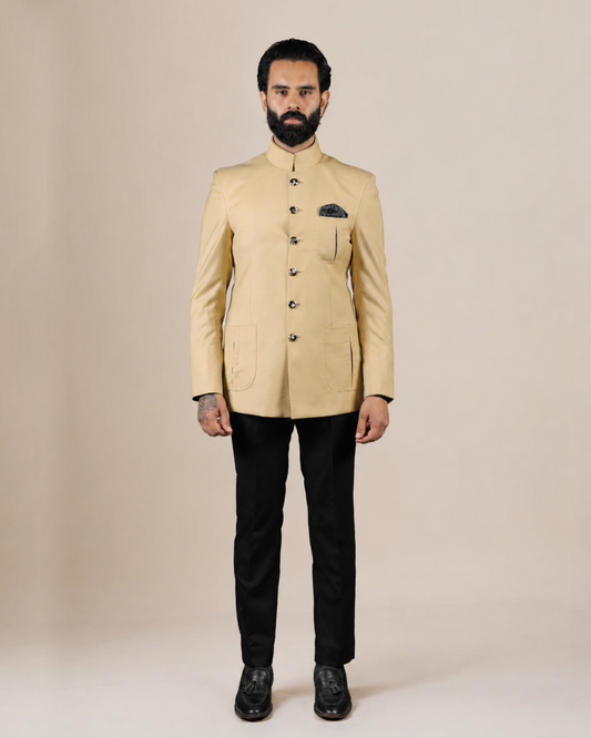 Beige Terry Wool Bandhgala Set