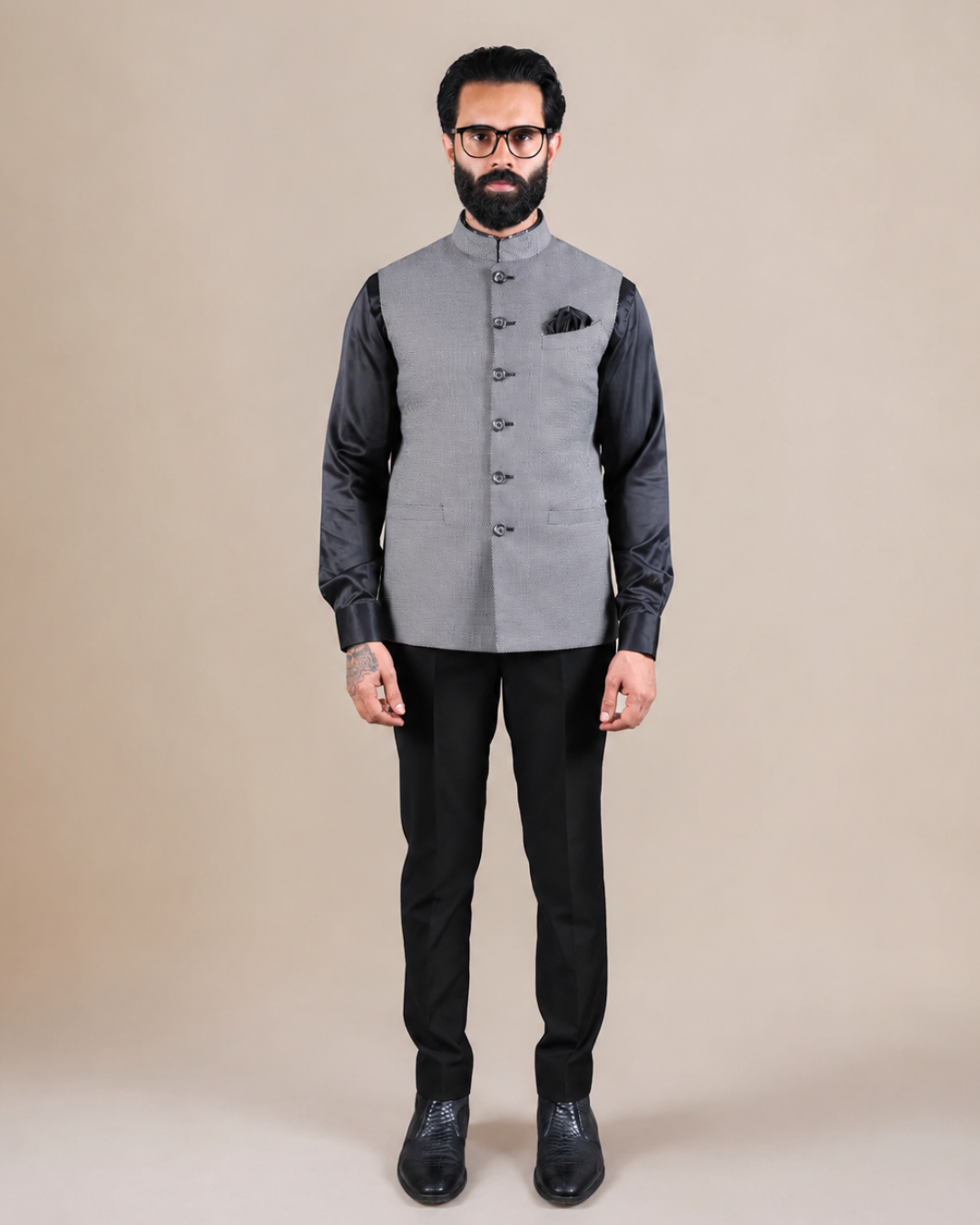 Grey Nehru Jacket with Textured Fabric