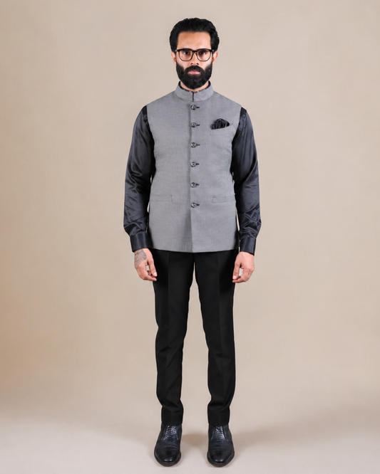 Grey Nehru Jacket with Textured Fabric