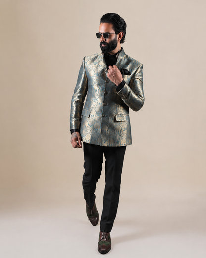 Blue & Gold Brocade Bandhgala Suit