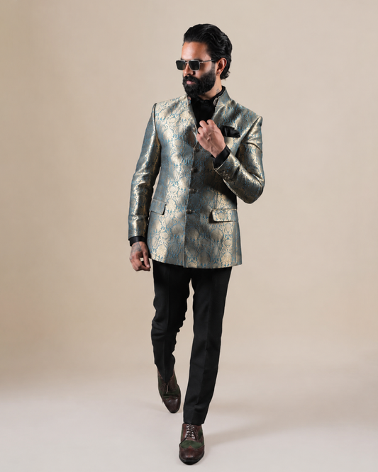 Blue & Gold Brocade Bandhgala Suit