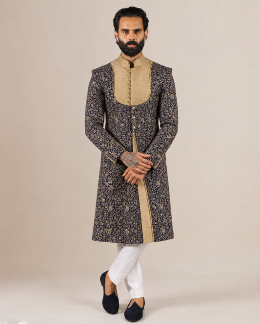 Navy Blue Gold Embroidered Sherwani
