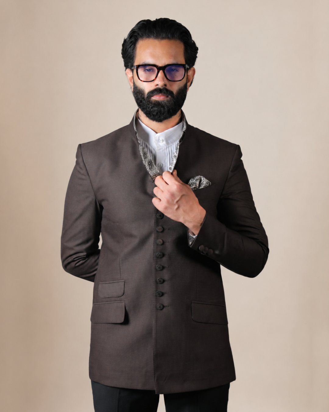 Dark Brown Terry wool Bandhgala Set