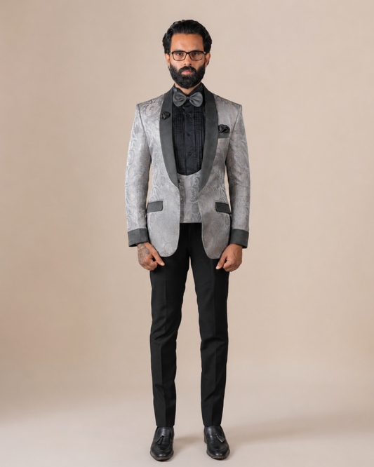 Silver Jacquard Floral Tuxedo Suit