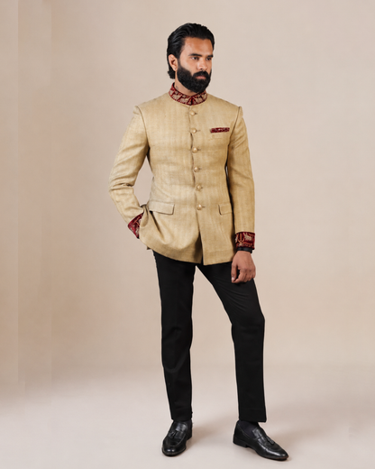 Beige Silk Blend Bandhgala Set