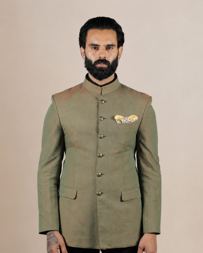 Olive Green Silk Blend Bandhgala