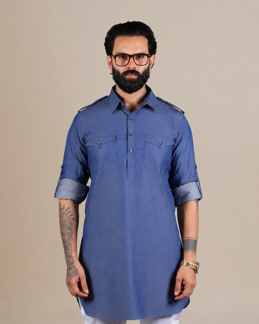 Blue Denim Pathani Kurta Set
