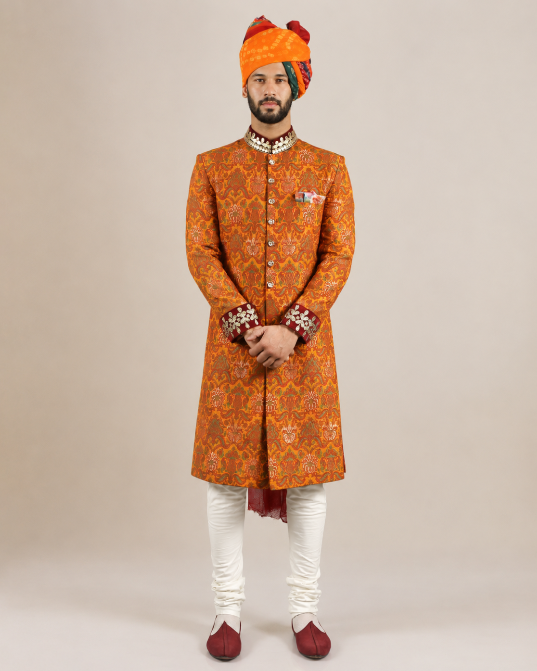 Orange Jacquard Silk Sherwani