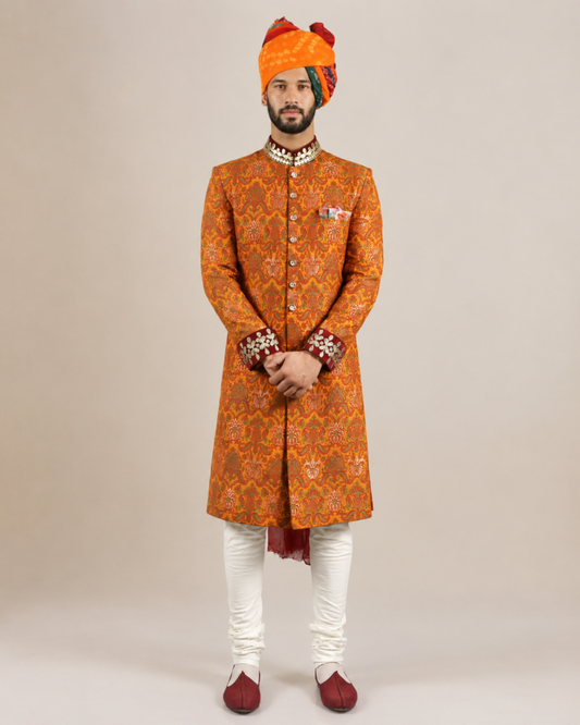 Orange Jacquard Silk Sherwani