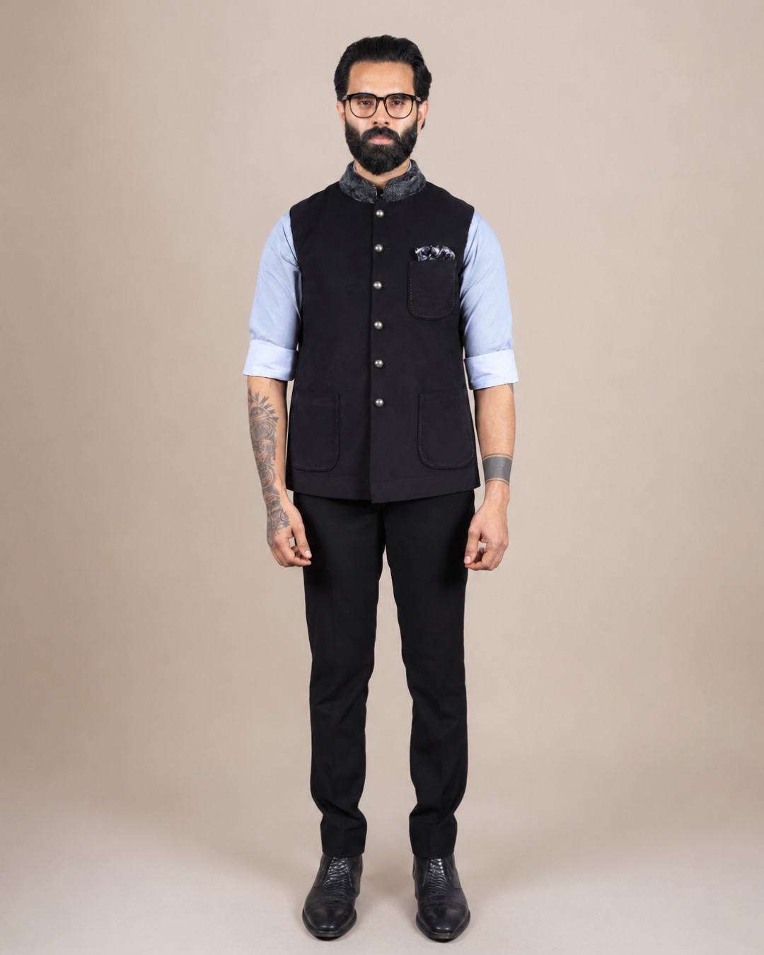 Black Nehru Jacket with Fur Collar