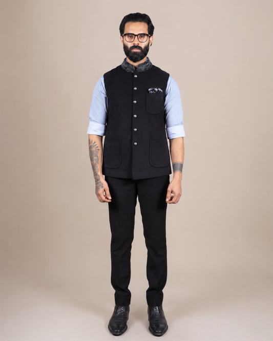 Black Nehru Jacket with Fur Collar