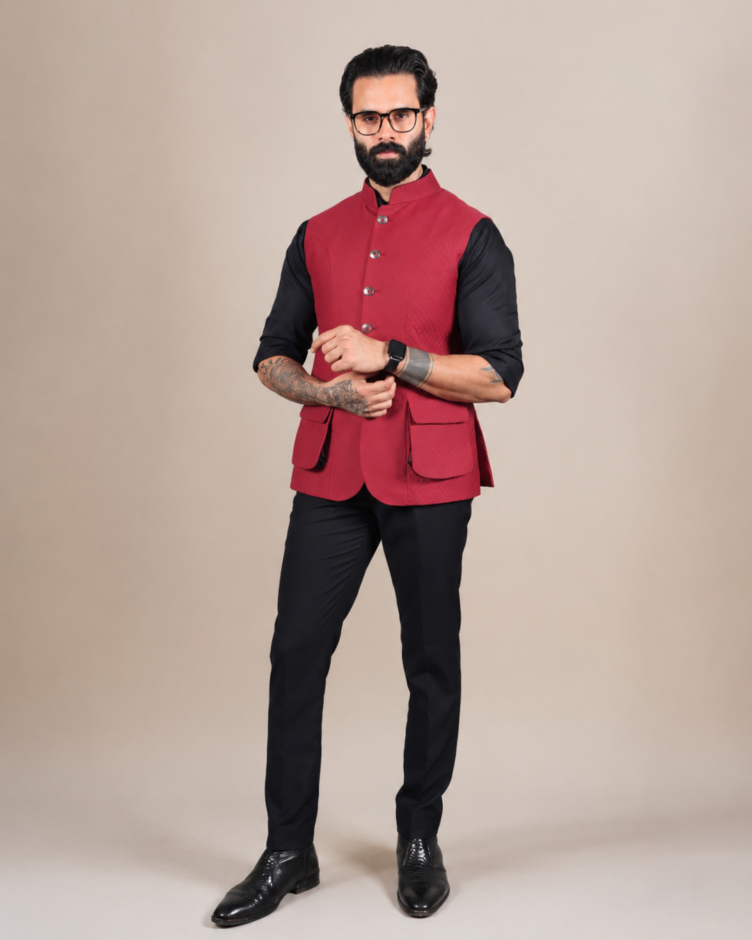 Maroon Textured Nehru Jacket