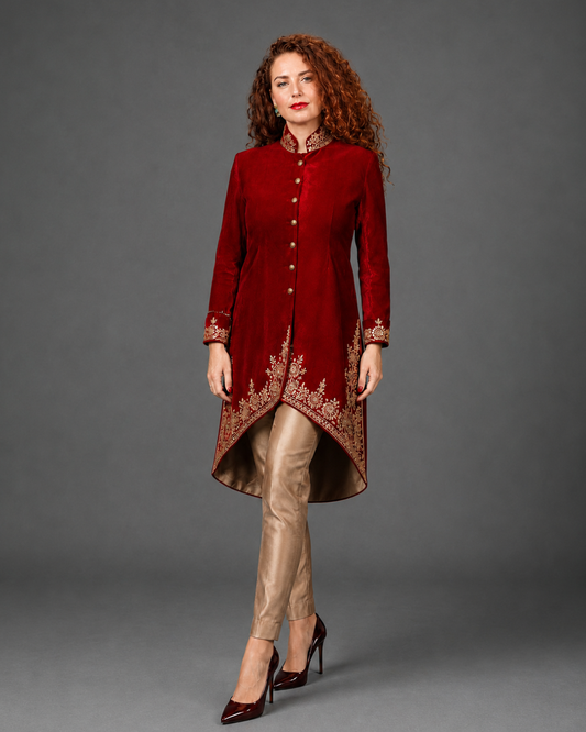 Red Velvet Embroidered Sherwani