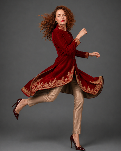 Red Velvet Embroidered Sherwani