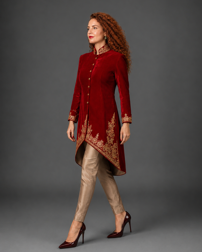 Red Velvet Embroidered Sherwani