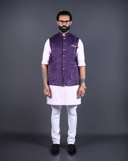 Purple suede Nehru Jacket for Men front look.