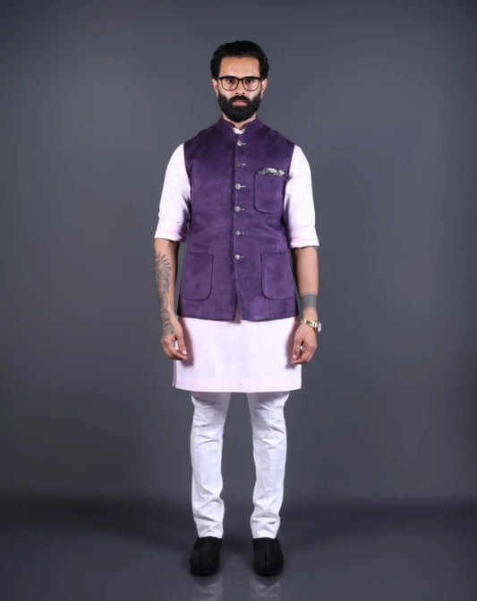 Purple suede Nehru Jacket for Men front look.
