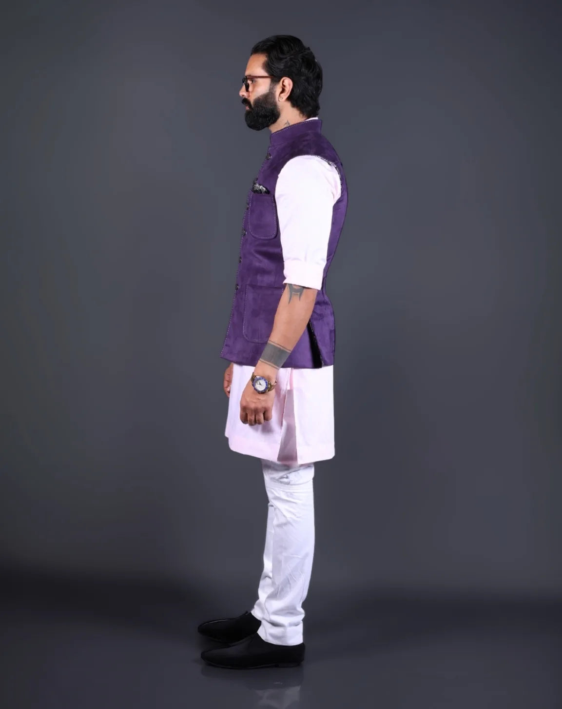Side view of a stylish purple suede Nehru jacket for men