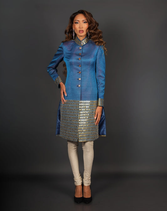 Front view of an elegant teal blue women's silk sherwani jacket