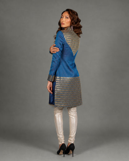 Teal Blue Woven Silk Sherwani