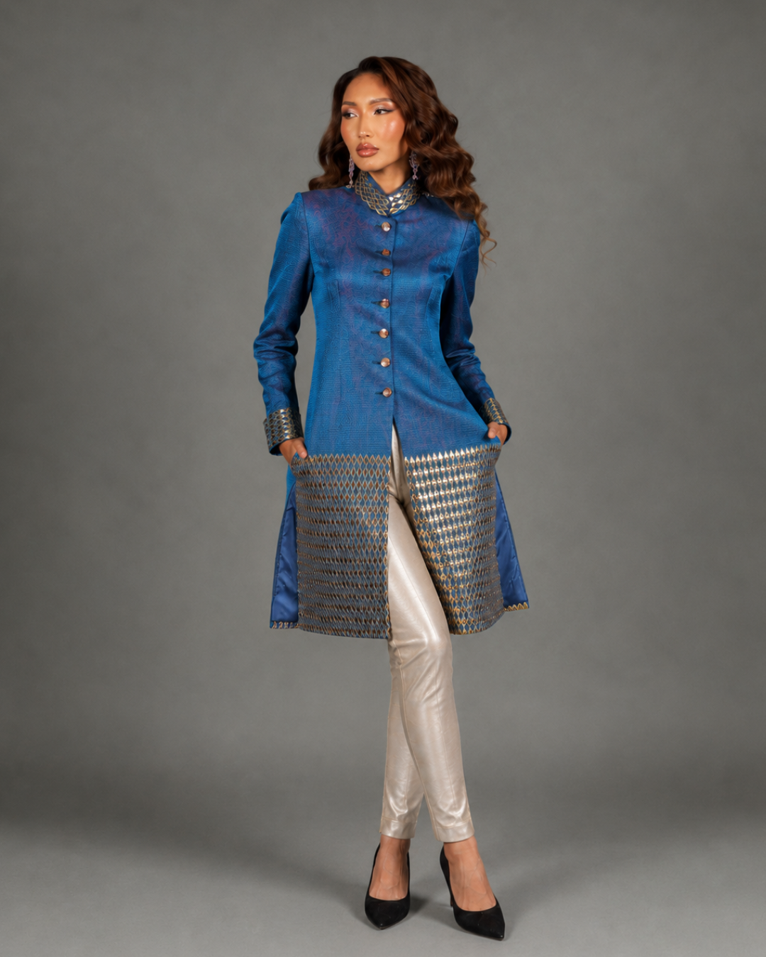 Teal Blue Woven Silk Sherwani
