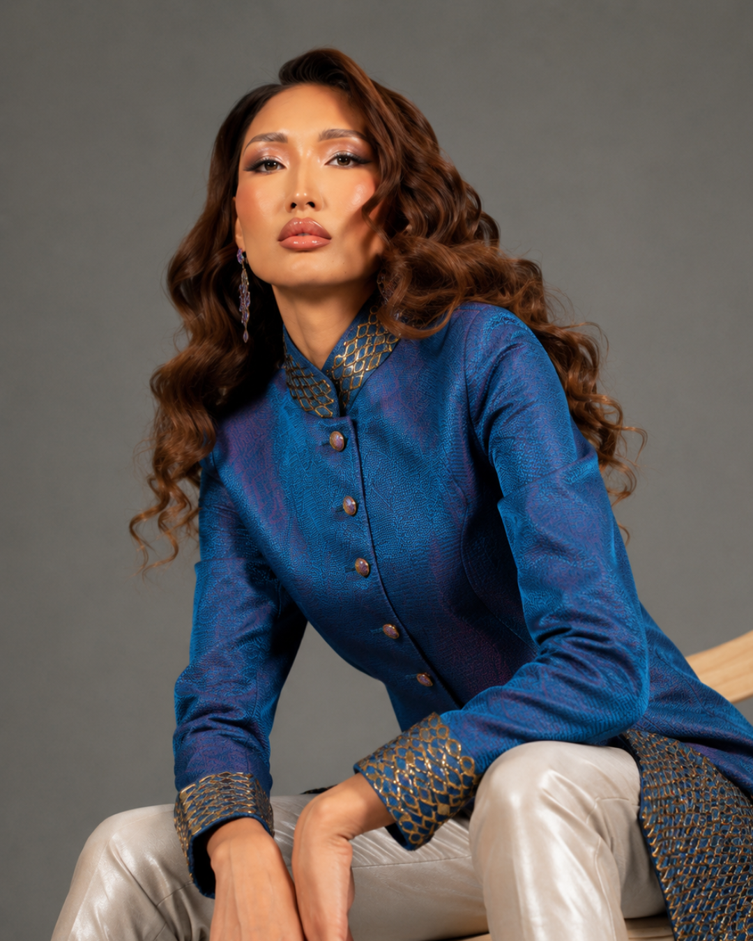 Teal Blue Woven Silk Sherwani