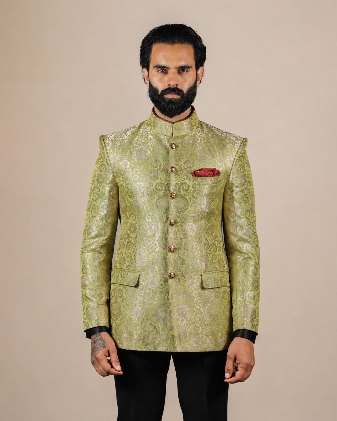 Lime Green Brocade Bandhgala Set