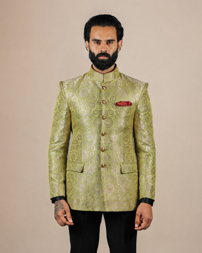 Lime Green Brocade Bandhgala Set