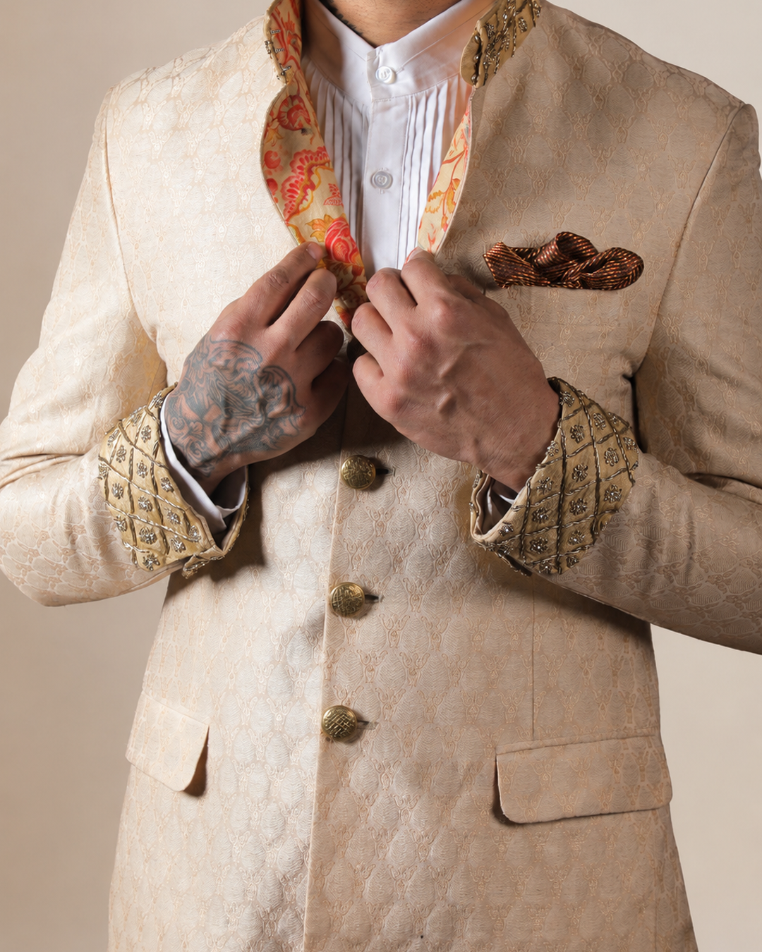 Cream Jacquard Embroidered Bandhgala Set