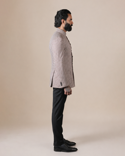 Beige Micro-Check Bandhgala Set