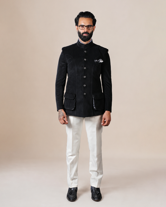 Black Suede Quilted Bandhgala Set