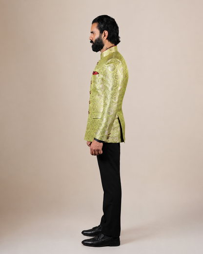 Lime Green Brocade Bandhgala Set