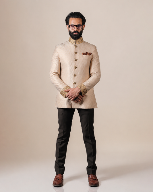 Cream Jacquard Embroidered Bandhgala Set