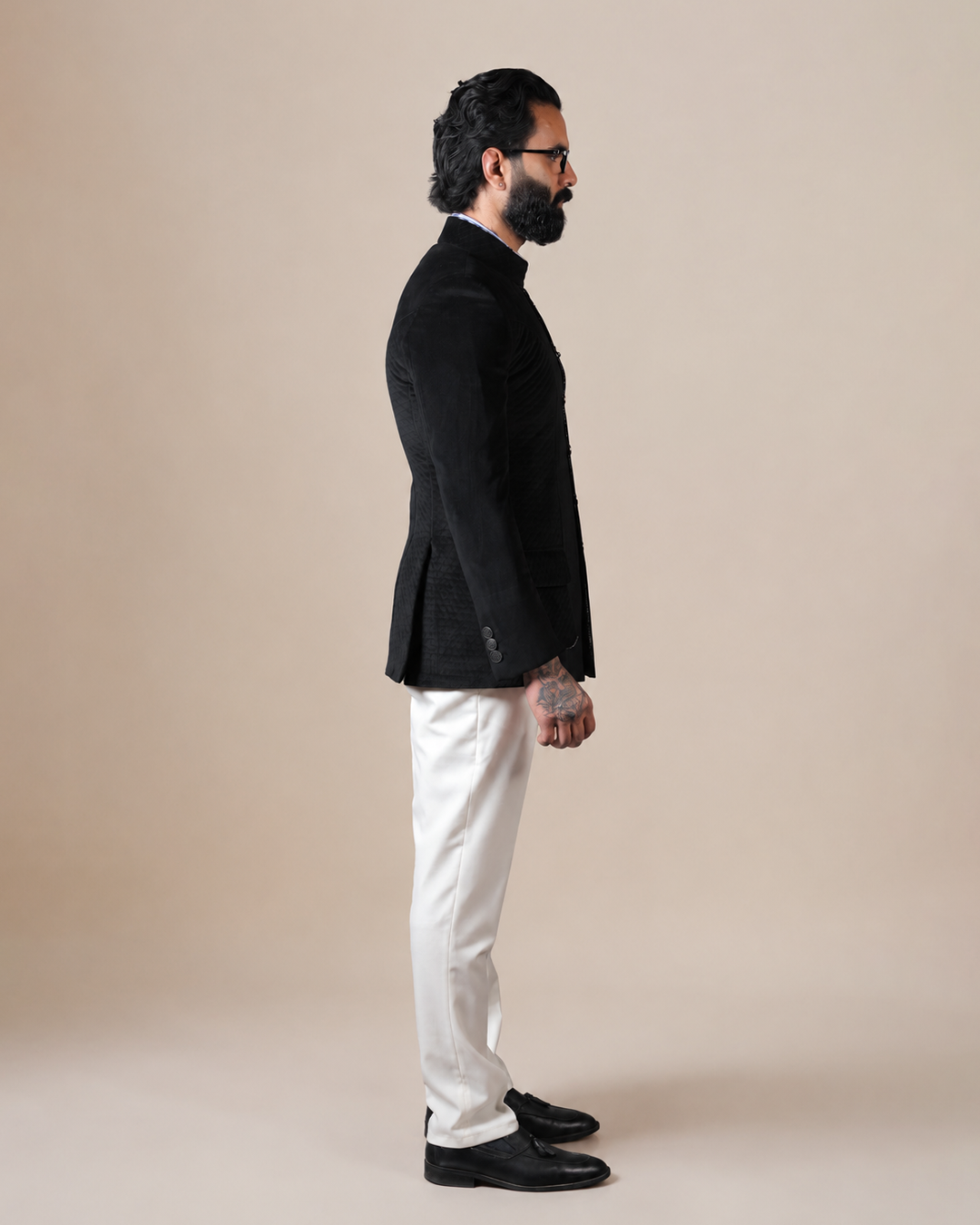 Black Suede Quilted Bandhgala Set