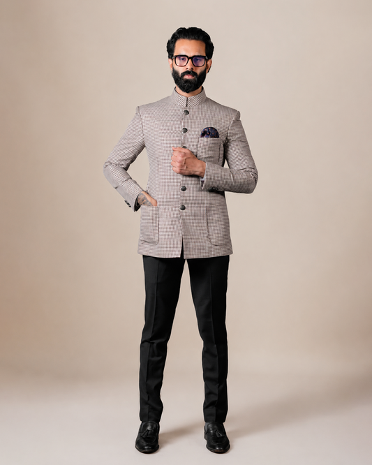 Beige Micro-Check Bandhgala Set