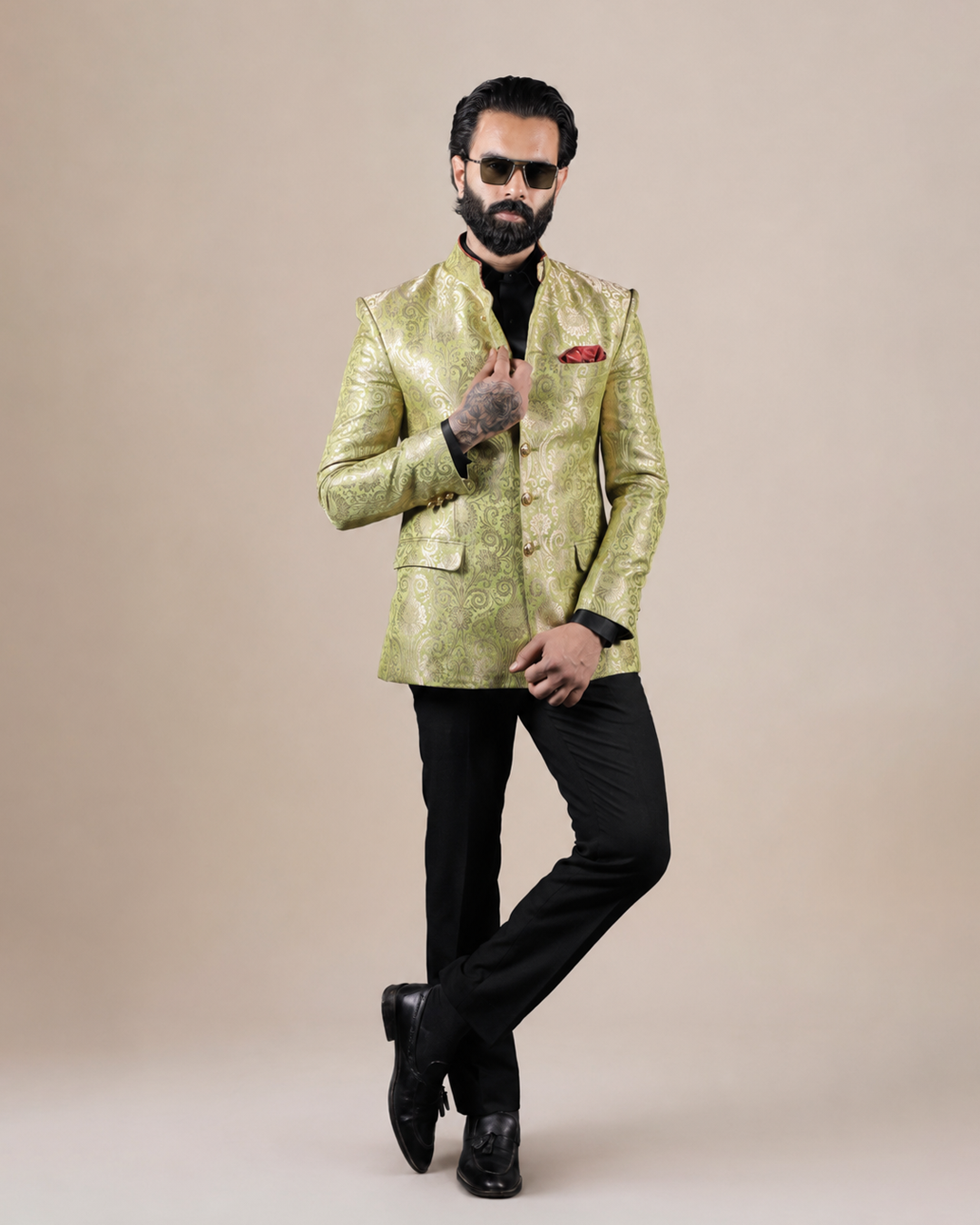 Lime Green Brocade Bandhgala Set