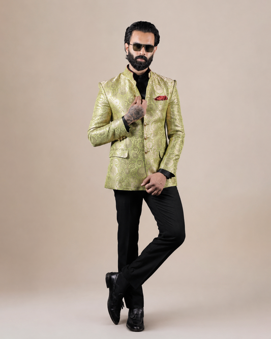Lime Green Brocade Bandhgala Set