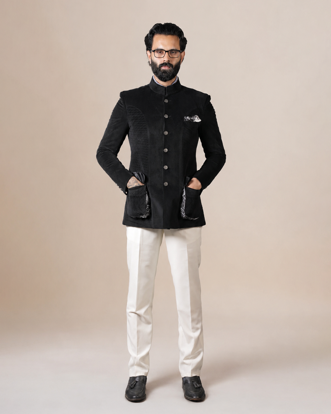 Black Suede Quilted Bandhgala Set