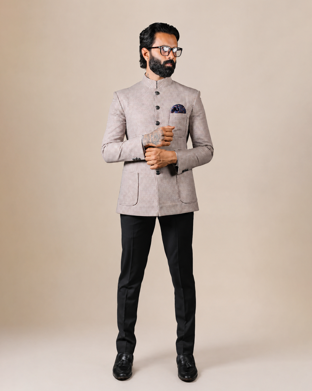 Beige Micro-Check Bandhgala Set