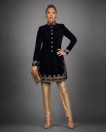 Navy Blue Velvet Embroidered Sherwani