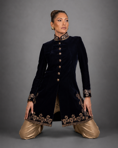 Navy Blue Velvet Embroidered Sherwani