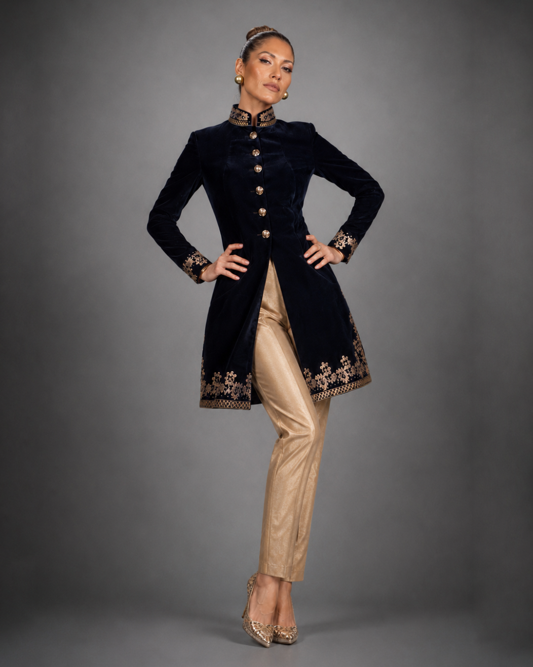 Navy Blue Velvet Embroidered Sherwani
