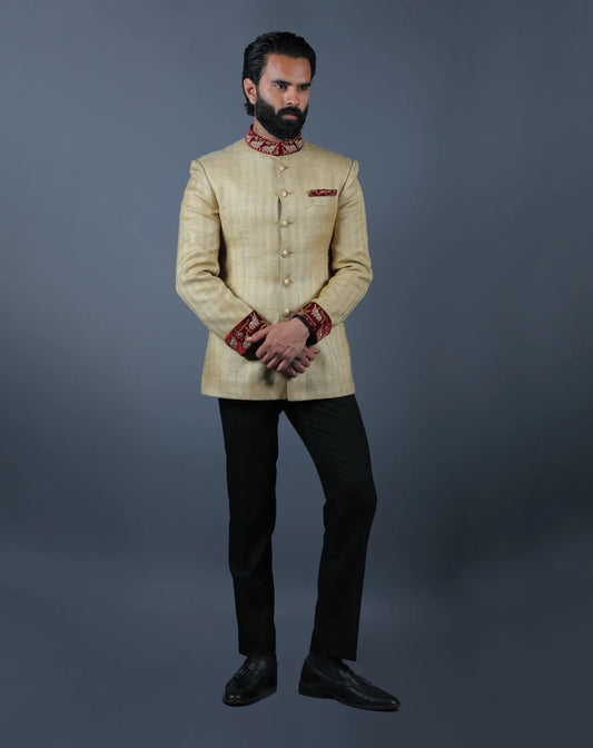 Beige Silk Blend Bandhgala