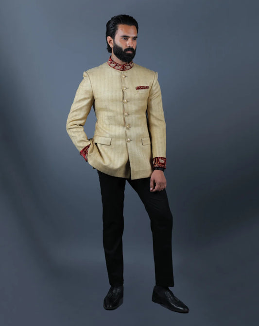 Beige Silk Blend Bandhgala